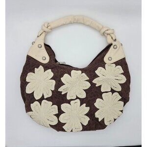 Brown & Cream Canvas Hobo Bag With Floral Appliqué & Leopard Print Design